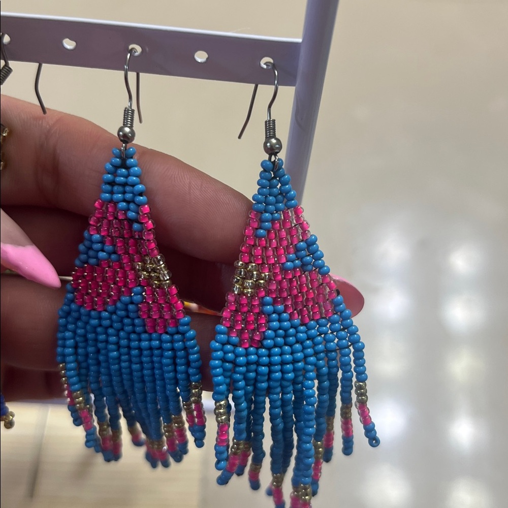 Blue and Pink Beaded Fringe Earrings